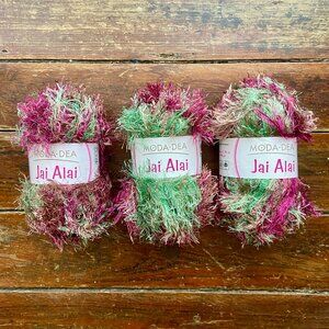 3 Skeins Moda Dea Jai Alai Eyelash Novelty Yarn 50g #6953 NUTMEG Purple Green